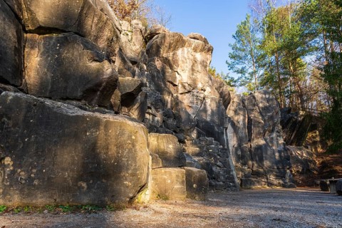 Sunny climbing garden in the Swabian Alb region, Baden-Württemberg, Germany. Sun-warmed rock faces