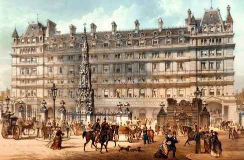 The front entrance of Charing Cross railway station in 19th-century, London, England, United