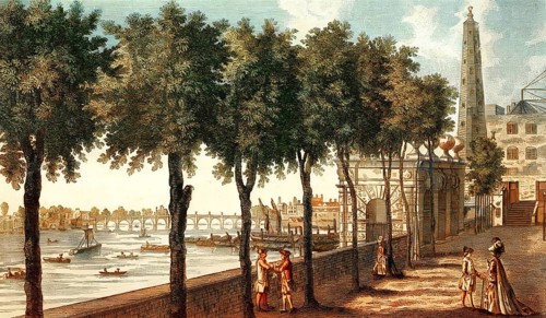 Westminster and Westminster Bridge from York Stairs and the water tower, London, England, 1780