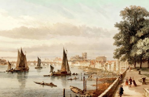 The view from the river terrace of Somerset House towards Westminster, London, England, 18th