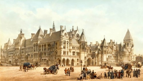 The Royal Courts of Justice building on the Strand in central London, England, 1882