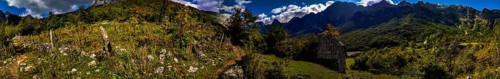 Panorama, sun-drenched and dramatic forest landscape with huts in bright colors, contrasting