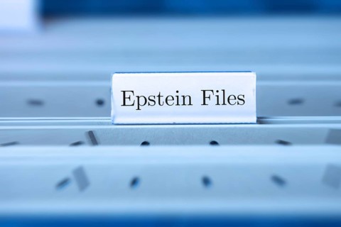 (Photo montage) Sign with the inscription EPSTEIN FILES on a hanging file register