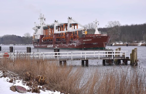 Freighter, cargo ship FAGELGRACHT with portal lift truck in the Kiel Canal, NOK, Kiel Canal, Kiel