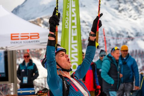 Athlete Toni Palzer with winning pose at ski touring competition Jennerstier, Skimo, Jenner,
