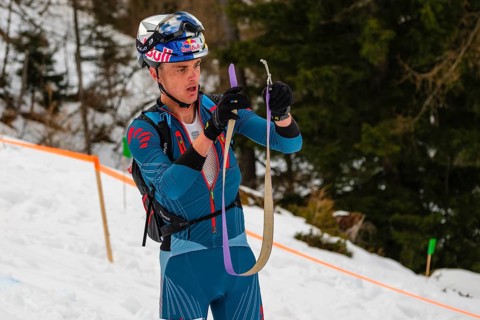 Athlete Toni Palzer withdrawing fur at the Jennerstier, Skimo, Jenner, Schönau am Königssee,