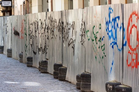Construction fence made of corrugated iron, Lviv, Ukraine