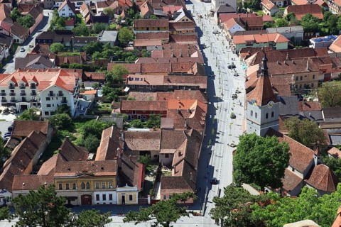 View from above of the town of Rasnov, Rosenau, in the Transylvania region of Romania