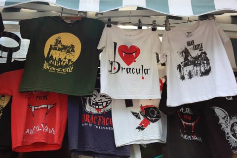 Souvenir sale at Bran Castle, marketing of Dracula, printed here on shirts, Törzburg, in