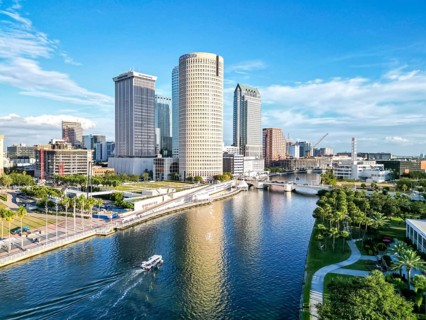 Tampa skyline from above aerial view with skyscrapers and Hillsborough River in downtown Tampa, USA