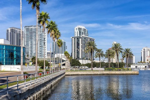 Saint Petersburg Florida Promenade on Tampa Bay with Skyline in Downtown St Petersburg, USA