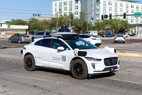 Waymo self-driving autonomous vehicle driverless car from Google and Jaguar Robotaxi in Phoenix,