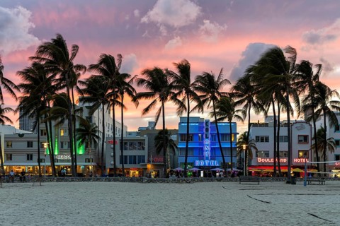 Miami Beach Florida building on Ocean Drive in art deco architecture style at night in Miami Beach,