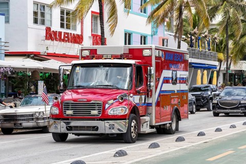 Fire department car fire truck of the Miami Beach Fire Rescue on Ocean Drive in Miami Beach, USA