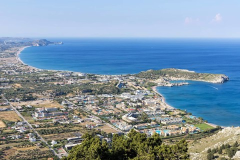 View of the holiday resort of Kolymbia with beach from above Mediterranean seaside island of