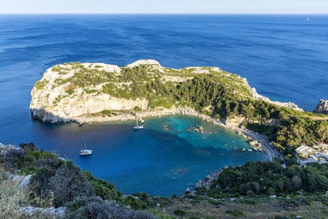 View of Anthony Quinn Bay beach and bay from above Mediterranean seaside island of Rhodes, Greece