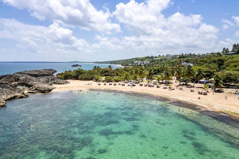 Mar Chiquita Beach in the Caribbean Ocean vacation Aerial view from above in Manati, Puerto Rico