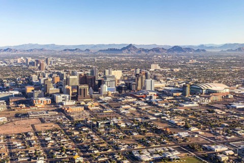 Phoenix Arizona downtown skyline with skyscrapers aerial view from above in Phoenix, USA