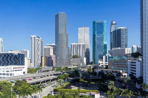 Miami skyline in downtown with high-rise buildings Florida vacation in Miami, USA