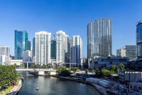 Miami skyline in downtown and Brickell with high-rise real estate on Miami River Florida in Miami,