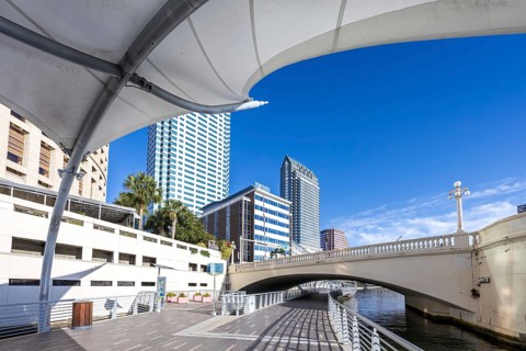 Tampa Riverwalk Promenade on the Hillsborough River Skyline with skyscrapers downtown in Tampa, USA