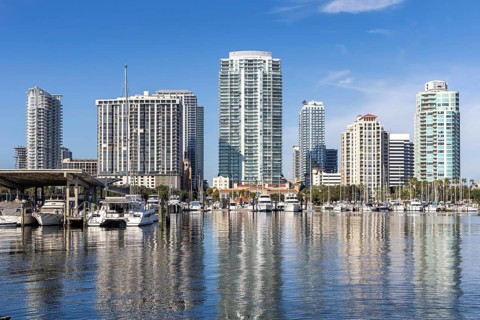 Saint Petersburg Skyline Florida Marina with boats on Tampa Bay in Downtown St Petersburg, USA