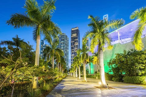 Miami skyline with high-rise real estate at night at Maurice A. Ferre Park in Miami, USA
