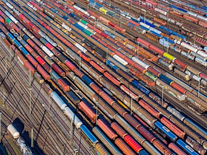Mannheim marshalling yard. There are many freight trains and freight wagons on the tracks. aerial