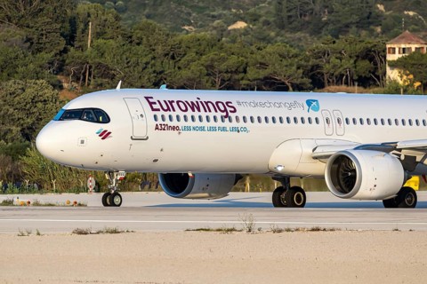 A Eurowings Airbus A321neo aircraft with the D-AEEE license plate at Rhodes airport, Greece