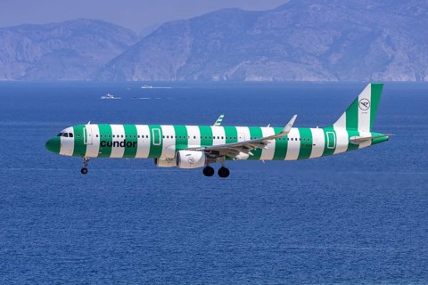 A Condor Airbus A321 aircraft with the D-AIAC license plate at Rhodes airport, Greece