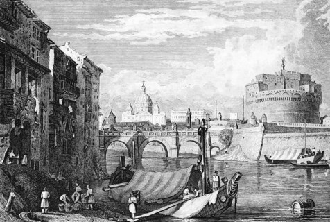 Sant'Angelo Bridge and Castel de Angelo Castel de Angelo with St. Peter's Church, Tiber with boats,