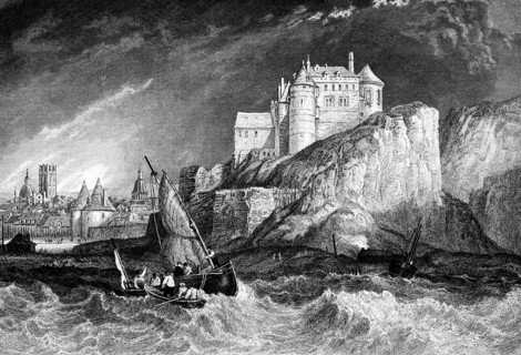 Town of Dieppe with castle on the English Channel, Normandy, France, storm, high swell, rowing