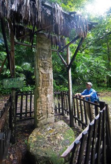 Guatemalan man from the Mayan people looks at a hieroglyphic stele in the Seibal or El Ceibal