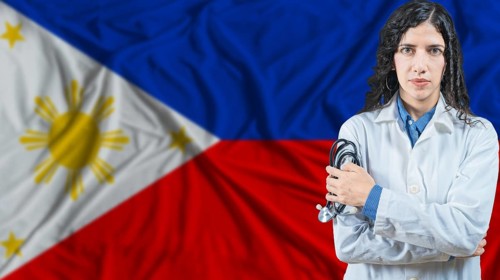Filipino national health system, Medical professional on Philippines flag background