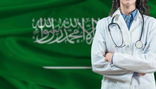 Medical professional on Saudi Arabia flag. Healthcare and wellness in Saudi Arabia, Concept