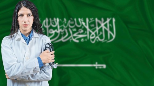 Saudi national health system, Medical professional on Saudi Arabia flag background
