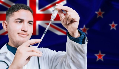Doctor holding syringe on New Zealand flag background. Medical professional holding syringe with