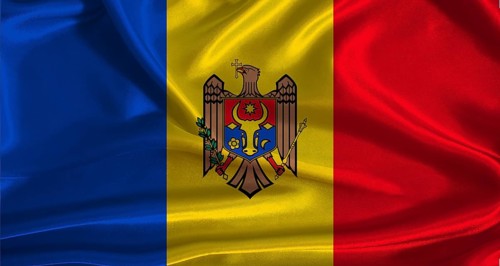 Moldova flag with cloth textured background. National flag of Moldova with realistic texture