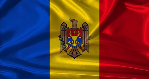 National flag of Moldova with cloth texture. Moldova flag with realistic texture background