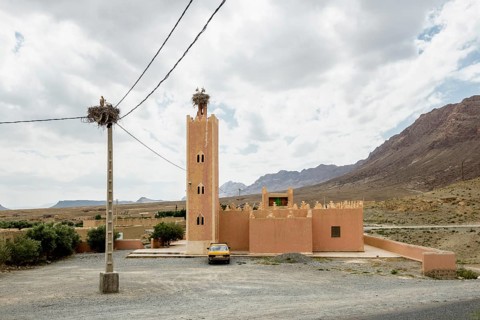 Traditional buildings and stork nests, near Errachidia, Drâa-Tafilalet region, High Atlas, Morocco