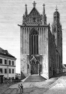 Mariakirche in Vienna, Austria, Gothic, staircase, east side, entrance, towers, city, people,