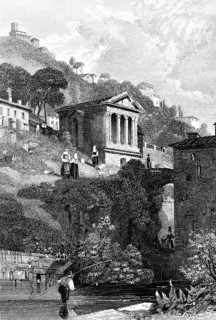 Tempietto sul Clitunno, Clitunnus temple, near Spoleto on the Marroggia River, Umbria, Italy, steep