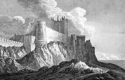 Bamborough Castle or Bamburgh Castle, Northamberland, England, North Sea, shore, rock, square