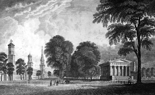 Yale College from 1701, now Yale University, and and State House, New Haven Connecticut, USA,