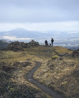 Viewpoint on the ruins of Mägdeberg Castle, with a view of the Hegau volcano Hohenhewen on the