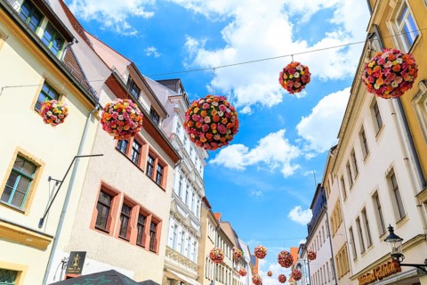 Petersstraße pedestrian zone in downtown Freiberg, Saxony, Germany