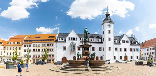 Panorama of Obermarkt with Council Pharmacy, Town Hall and Fountain Monument with City Founder Otto