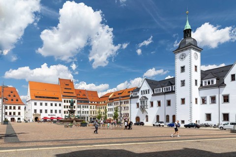 Obermarkt with council pharmacy, town hall and fountain monument with city founder Otto the Reiche,