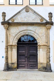 Renaissance portal with motifs from Freiberg mining at Lisskirchner-Haus, Obermarkt 17, Freiberg,