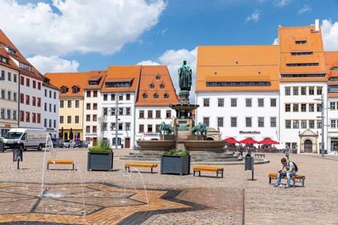 Obermarkt with water feature, fountain monument with city founder Otto the Rich and historic town